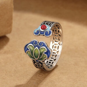 Buddha Stones Lotus Flower Copper Coins Ruyi Handle Pattern Enlightenment Adjustable Ring