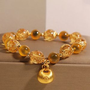Buddha Stones Yellow Candy Agate Fu Character Blessing Bag Healing Bracelet