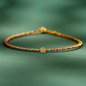 Buddha Stones Colorful Rope Luck Coin Bead Abundance Extra Thin Braided Bracelet - Colorful - Rope With Copper Coin - 20cm - image 1
