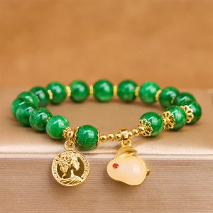 Buddha Stones Green Calcite Lovely Rabbit Charm Clarity Bracelet