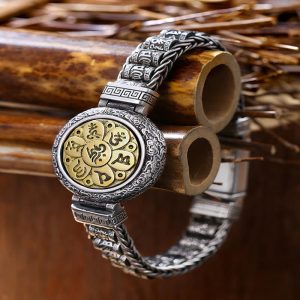 Buddha Stones Tibetan Copper Buckle Om Mani Padme Hum Turntable Rotatable Peace Metal Bracelet