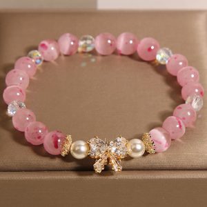 Buddha Stones Cherry Blossom Pink Cat's Eye Pearl Bow-knot Rosette Support Bracelet