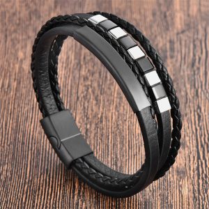Buddha Stones Square Titanium Steel Leather Multi-layer Buckle Calm Bracelet