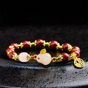 Buddha Stones Cinnabar Cute Rabbit Bunny Fu Character Charm Blessing Bracelet