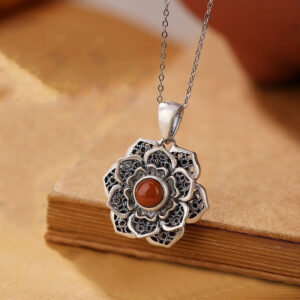 Buddha Stones Tibetan Om Mani Padme Hum Lotus Pattern Red Agate Copper Peace Necklace Pendant