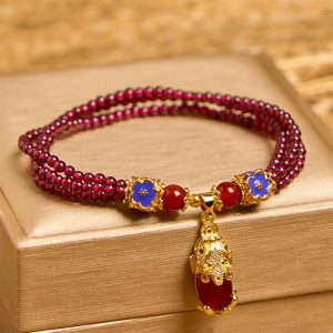 Buddha Stones Natural 3mm Garnet Beads PiXiu Flower Purification Multilayer Bracelet