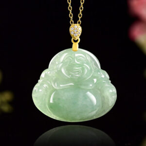 Buddha Stones 925 Sterling Silver Natural Jade Laughing Buddha Luck Prosperity Chain Necklace Pendant