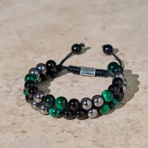Buddha Stones Natural Green Tiger Eye Black Magnetite Black Obsidian Double Row Beads Positive Bracelet