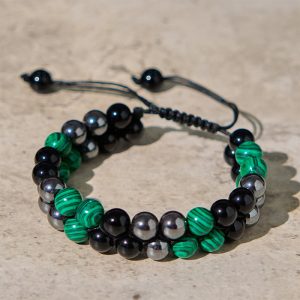Buddha Stones Natural Malachite Black Magnetite Black Obsidian Double Row Beads Anti-Anxiety Bracelet