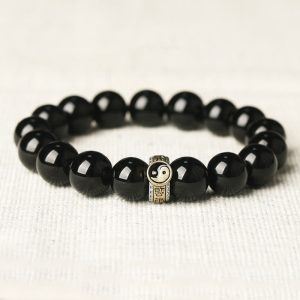 Buddha Stones Black Obsidian Yin Yang Nine-Character Mantra Fulfilment Bracelet