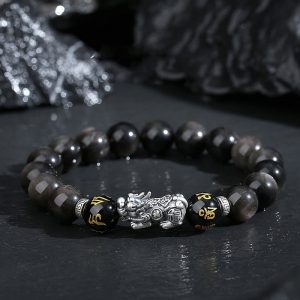 Buddha Stones 999 Sterling Silver PiXiu Natural Black Obsidian Strength Bracelet