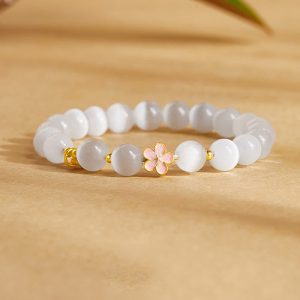 Buddha Stones 925 Sterling Silver Natural Peach Blossom White Cat's Eye Positive Bracelet