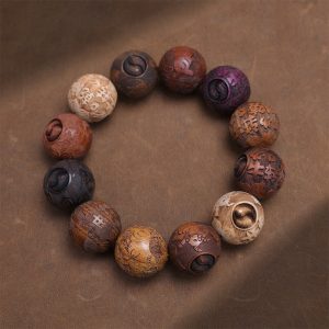 Buddha Stones Carving Sandalwood Chinese Zodiac Auspicious Dragon Phoenix Fu Character Healing Bracelet
