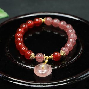 Buddha Stones Strawberry Quartz Red Agate Peace Buckle Positive Luck Bracelet