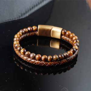 Buddha Stones Multi-layer Woven Tiger Eye Stone Beads Leather Titanium Steel Strength Buckle Bracelet