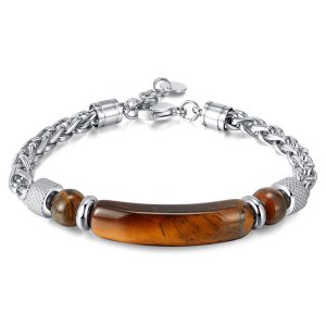 Buddha Stones Tiger Eye Black Obsidian Stone Titanium Steel Strength Buckle Bracelet - Tiger Eye(Wrist Circumference: 17-20cm) - image 1