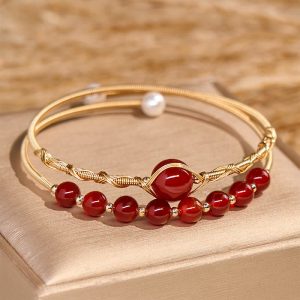 Buddha Stones 14K Gold Filled Copper Natural Red Agate Beads Confidence Metal Cuff Bracelet Bangle