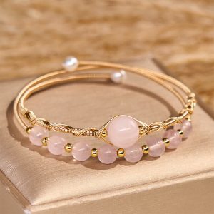 Buddha Stones Natural Rose Quartz Love Healing Metal Cuff Bracelet Bangle