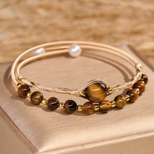Buddha Stones 14K Gold Filled Copper Natural Tiger Eye Protection Metal Cuff Bracelet Bangle