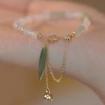 Buddha Stones 14K Gold Plated Hetian White Jade Bamboo Leaf Luck Protection Bracelet Bracelet BS 4