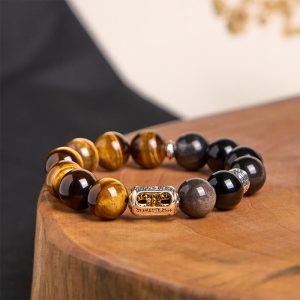 Buddha Stones Natural Silver Sheen Obsidian Tiger Eye Vajra Protection Bracelet