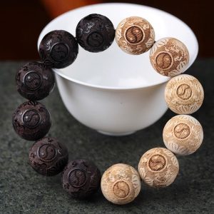 Buddha Stones Ebony Wood Camphor Wood Yin Yang Ox Engraved Peace Bracelet