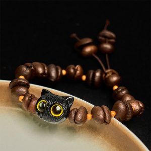 Buddha Stones Handmade Natural Coffee Beans Cat Head Bodhi Seed Claw Paw Peace Bracelet - Black Cat Head(Wrist Circumference 14-17cm) - image 1