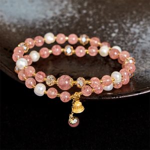 Buddha Stones Natural Strawberry Quartz Pearl Bell Healing Double Wrap Bracelet - Strawberry Quartz(Wrist Circumference 14-15cm) - image 1