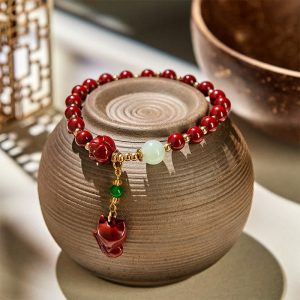 Buddha Stones Cinnabar Lotus Cute Fox Charm Blessing Bracelet - Cinnabar(Wrist Circumference 14-17cm) - image 1