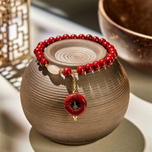 Buddha Stones Natural Cinnabar Peace Buckle Charm Blessing Bracelet - Cinnabar(Wrist Circumference 14-17cm) - image 1