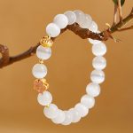 Buddha Stones 925 Sterling Silver Peach Blossom Lucky Bag White Cat's Eye Luck Bracelet - image 3