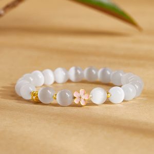 Buddha Stones 925 Sterling Silver Peach Blossom Lucky Bag White Cat's Eye Luck Bracelet - White Cat's Eye(Wrist Circumference: 17-19cm) - image 1