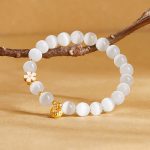 Buddha Stones 925 Sterling Silver Peach Blossom Lucky Bag White Cat's Eye Luck Bracelet - image 2