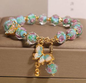 Buddha Stones Butterfly Charm Rose Flower Liuli Bracelet - Blue Liuli(Wrist Circumference: 18cm) - image 1