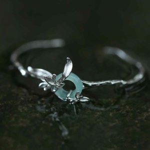 Buddha Stones 925 Sterling Silver Iris Peace Buckle Quartzite Jade Protection Bracelet Bangle - Silver(Wrist Circumference: 14-16cm) - image 1