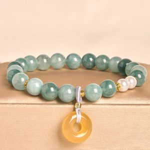 Buddha Stones Blue Jade Peace Buckle Pearl Beads Prosperity Bracelet - Jade(Wrist circumference: 15-16cm) - image 1