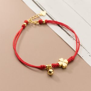 Buddha Stones 925 Sterling Silver Plated Gold Four Leaf Clover Red String Connection Bracelet - 925 Sterling Silver(Wrist Circumference: 19.5-22cm) - image 1