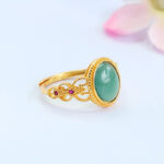 Buddha Stones Natural 925 Sterling Silver Plated Gold Hollow Design Jade Luck Ring - image 4