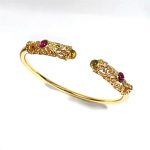 Buddha Stones Golden Flower Pattern Red Zircon Amber Copper Luck Cuff Bracelet Bangle - image 11