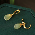 Buddha Stones Green Chalcedony Water Drop Strength Copper Posts Earrings - image 9