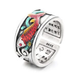 Buddha Stones Blue Enamel Koi Fish Heart Sutra Success Ring - image 6
