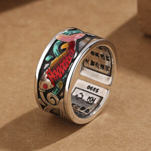 Buddha Stones Blue Enamel Koi Fish Heart Sutra Success Ring - Koi Fish(Adjustable) - image 1