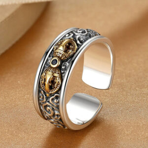 Buddha Stones Vintage Tibetan Vajra Auspicious Clouds Pattern Copper Pleated Silver Balance Ring - Copper - image 1