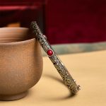 Vintage Tang Dynasty Flower Design Engraved Red Agate Copper Luck Bracelet Bangle - image 2