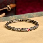 Vintage Tang Dynasty Flower Design Engraved Red Agate Copper Luck Bracelet Bangle - image 3