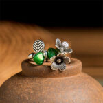 Buddha Stones Flower Pattern Copper Alloy Luck Elastic Rope Ring - image 4