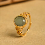 Buddha Stones Natural 925 Sterling Silver Plated Gold Hollow Design Jade Luck Ring - image 9