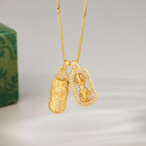 Buddha Stones 925 Sterling Silver PiXiu Dorje Vajra Wealth Necklace Pendant - Golden - Pixiu Vajra - image 1