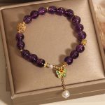Buddha Stones Natural Amethyst Amber Green Butterfly Healing Bracelet - image 3