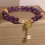 Buddha Stones Natural Amethyst Amber Green Butterfly Healing Bracelet - image 9